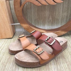 ACADEMY Two-toned Double Strap Buckle Faux Leather Sandals - 8  (tan/brown)